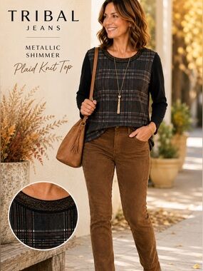 Tribal Jeans Plaid Knit Top | Metallic Shimmer Neckline | Large